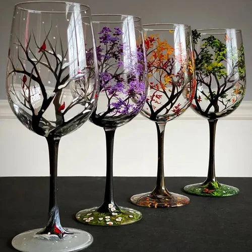 Fire årstider tre vinglass - Håndmalt kunst