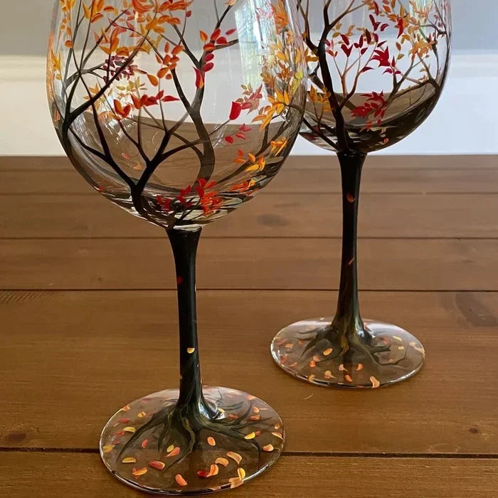 Fire årstider tre vinglass - Håndmalt kunst