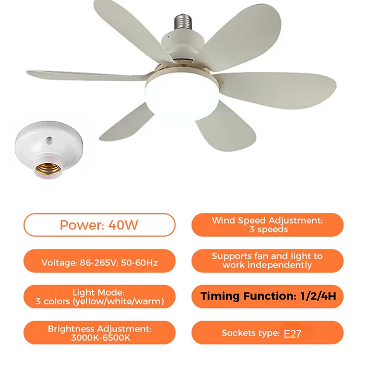 2-i-1 LED Taklampe Vifte med Fjernkontroll, E27/B22 Base | Luvikno