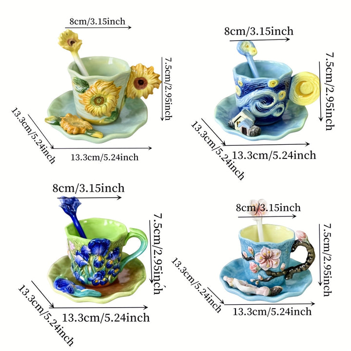 ArtSip keramikkopp og underkoppsett – Håndmalt 3D-design inspirert av Van Gogh | Luvikno