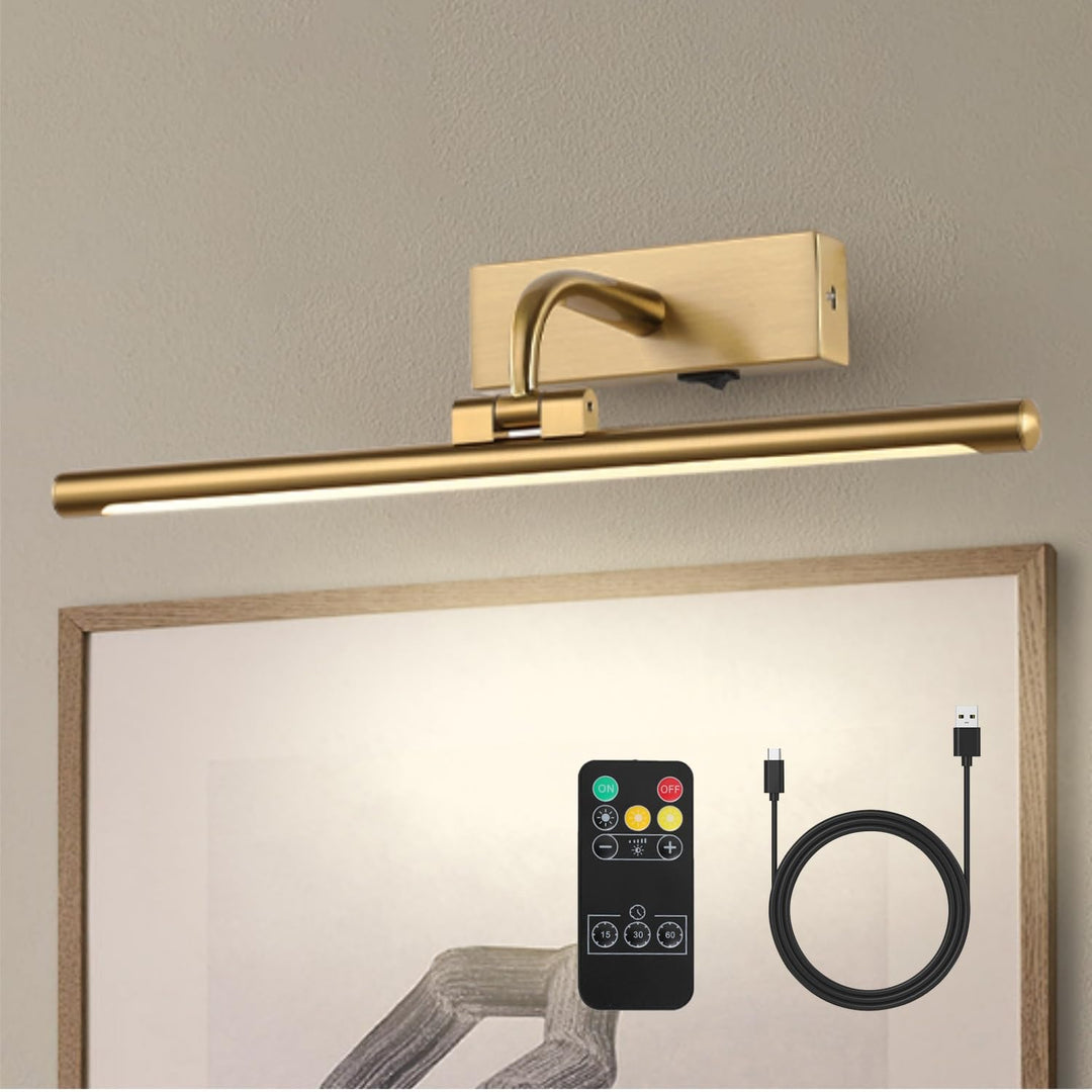 Luvikno | Dlcl Batteridrevet Bildebelysning Med Fjernkontroll Og Timer, 15.94In Trådløse Galleri Lys Messing 3Cct Oppladbare Kunstlys Fo