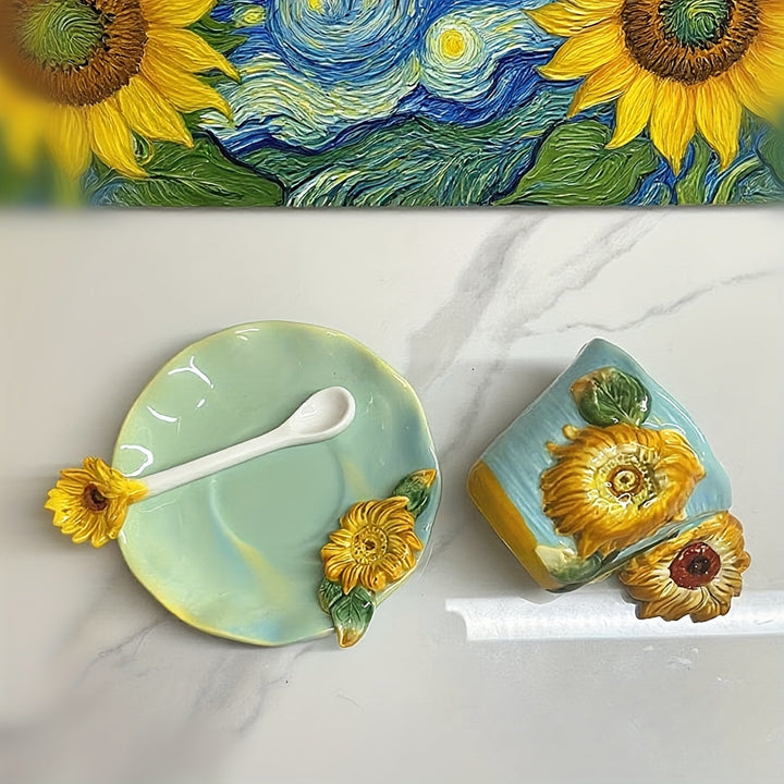 ArtSip keramikkopp og underkoppsett – Håndmalt 3D-design inspirert av Van Gogh | Luvikno