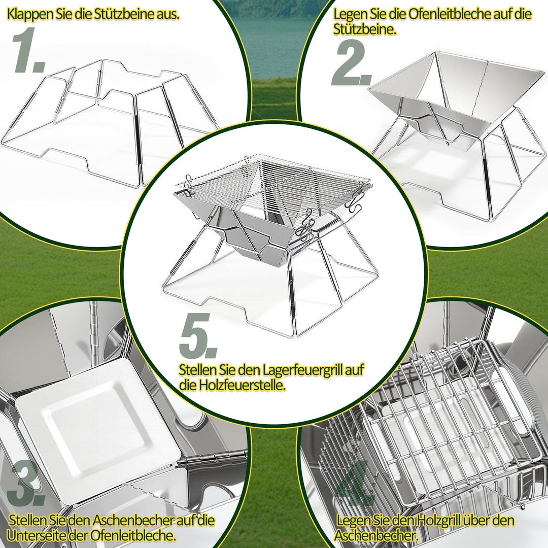 Foldbar Camping Grill i Rustfritt Stål med Høydejusterbar Grillstativ | Luvikno