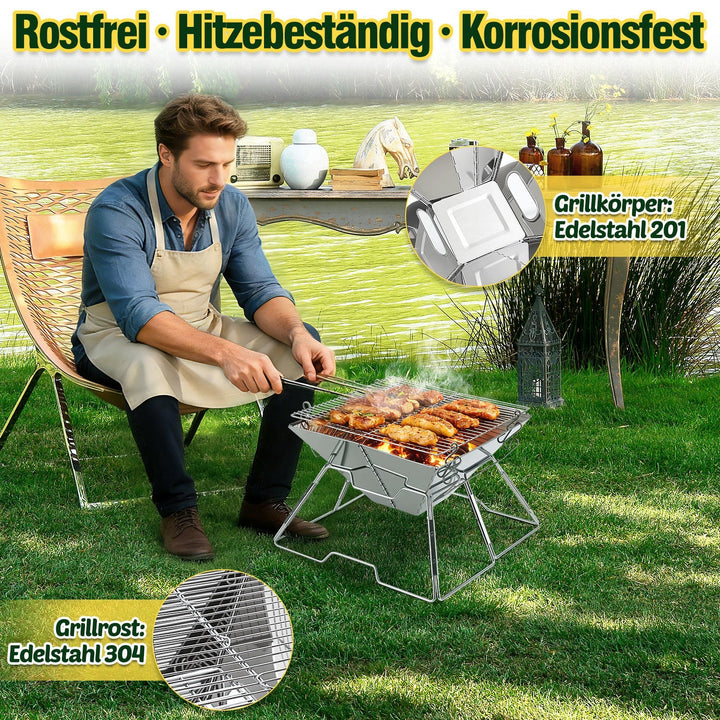 Foldbar Camping Grill i Rustfritt Stål med Høydejusterbar Grillstativ | Luvikno