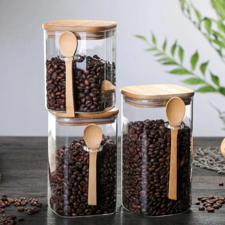 Bamboo og Glass 3-delt Beholder Sett Luvikno