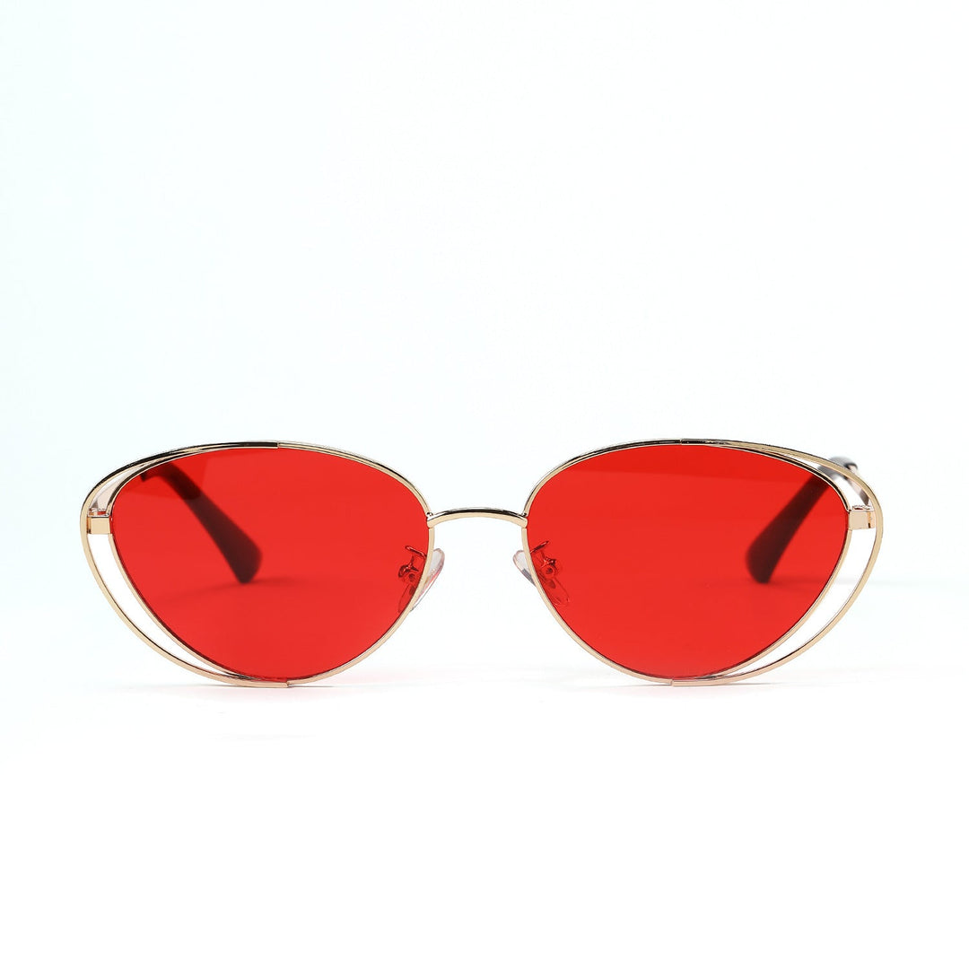 Dame geometrisk solbrille med rødt glass og elegant metallramme Luvikno
