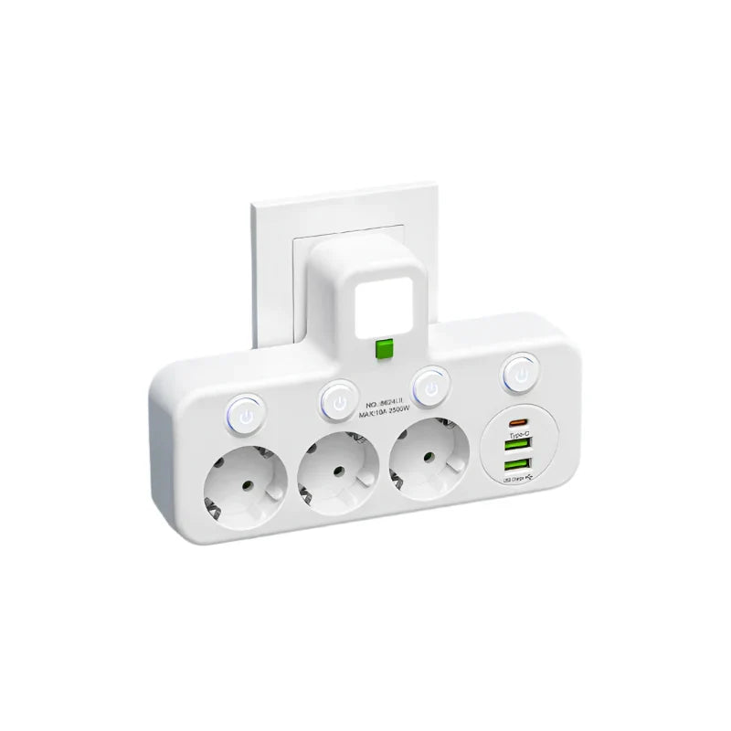 Luvikno | Multi-stikksokkel VOLTRIQ ProLine | 3–4 stikkontakter + 2× USB & 1× Type-C | 2500 W | Overspenningsbeskyttelse & kontrollbryter