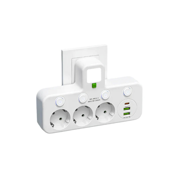 Luvikno | Multi-stikksokkel VOLTRIQ ProLine | 3–4 stikkontakter + 2× USB & 1× Type-C | 2500 W | Overspenningsbeskyttelse & kontrollbryter