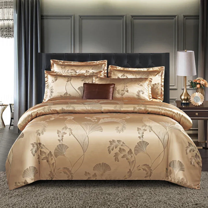 Luvikno | Luksuriøst Satin Rayon Jacquard Dynecover i Gull & Blå