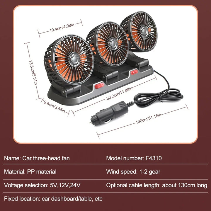 360° Justerbar Bilvifte - 3-Hodet Automotiv Elektrisk Vifte - USB/12V/24V - 2 Hastigheter - Stille Kjøling for Hjem, Skrivebord, Kontor & Bil | Luvikno