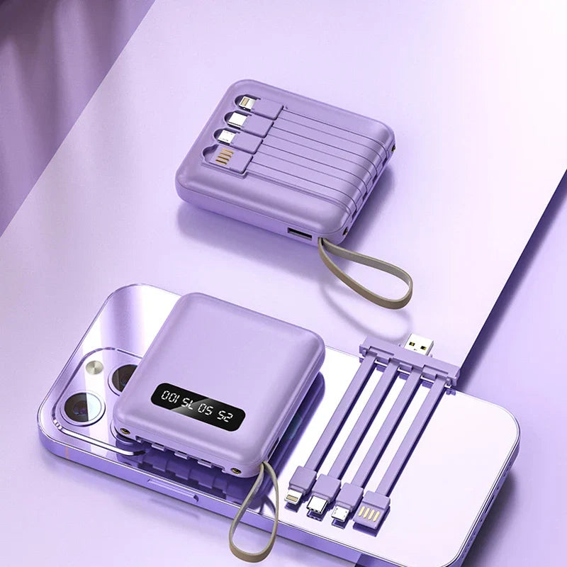 Luvikno | Mini Powerbank med Speildisplay | 20,000 mAh | Hurtigladingfunksjon & Integrerte Kabler | For iPhone, Samsung, Xiaomi & mer