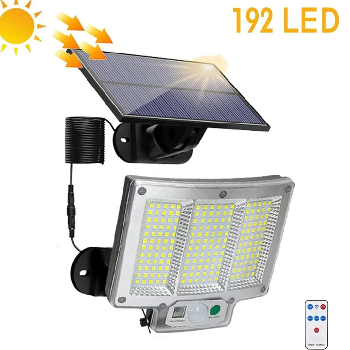 Luvikno | Solvalux Solarvegglys med bevegelsessensor | 192 LEDer | Avtakbar solcellepanel med 5 m kabel | 4 moduser & fjernkontroll | IP65 vanntett