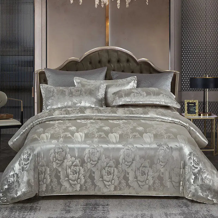 Luvikno | Luksuriøst Satin Rayon Jacquard Dynecover i Gull & Blå