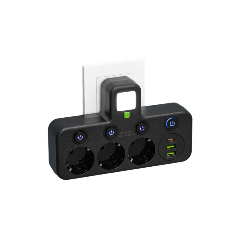 Luvikno | Multi-stikksokkel VOLTRIQ ProLine | 3–4 stikkontakter + 2× USB & 1× Type-C | 2500 W | Overspenningsbeskyttelse & kontrollbryter