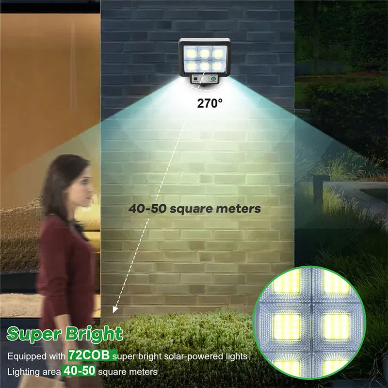 Luvikno | LumoVolt Sollys med bevegelsessensor | 72 COB LED-lamper | Fjernkontroll & 5 m solcellepanelkabel | 3 modi | IP65 værbestandig