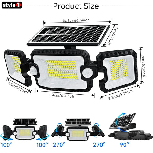 Luvikno | SecuSolar MaxView 167 Solar Sikkerhets Spotlight 167 LEDer | 3 Justerbare Hoder | Bevegelsessensor & 3 Lysmodus | IP65 Vannavstøtende | 2200 Lumen