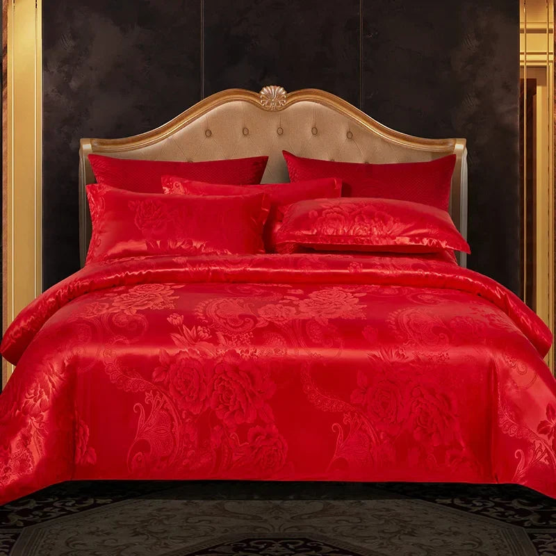 Luvikno | Luksuriøst Satin Rayon Jacquard Dynecover i Gull & Blå