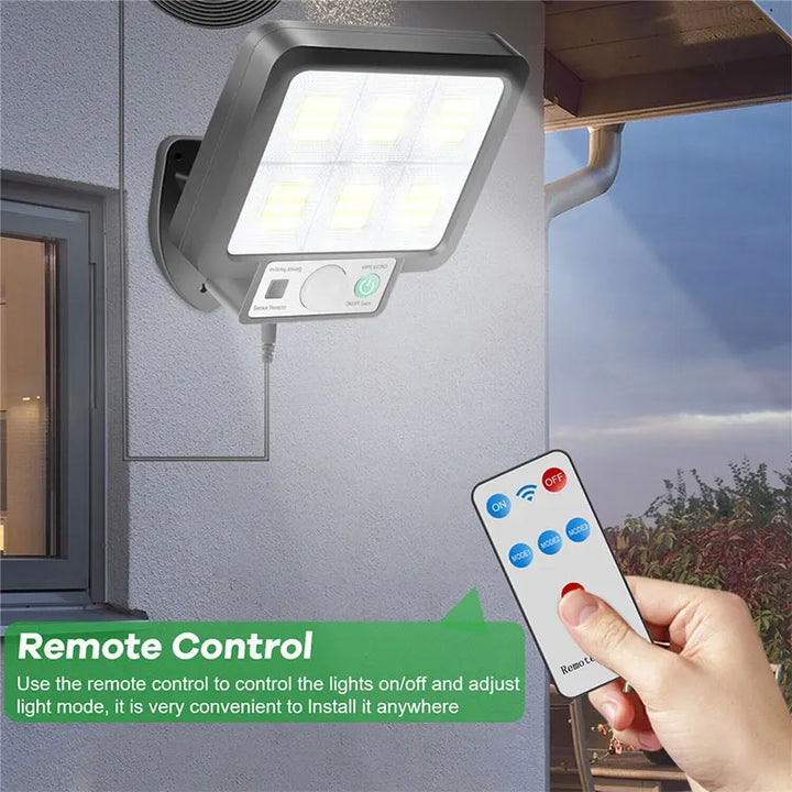 Luvikno | LumoVolt Sollys med bevegelsessensor | 72 COB LED-lamper | Fjernkontroll & 5 m solcellepanelkabel | 3 modi | IP65 værbestandig