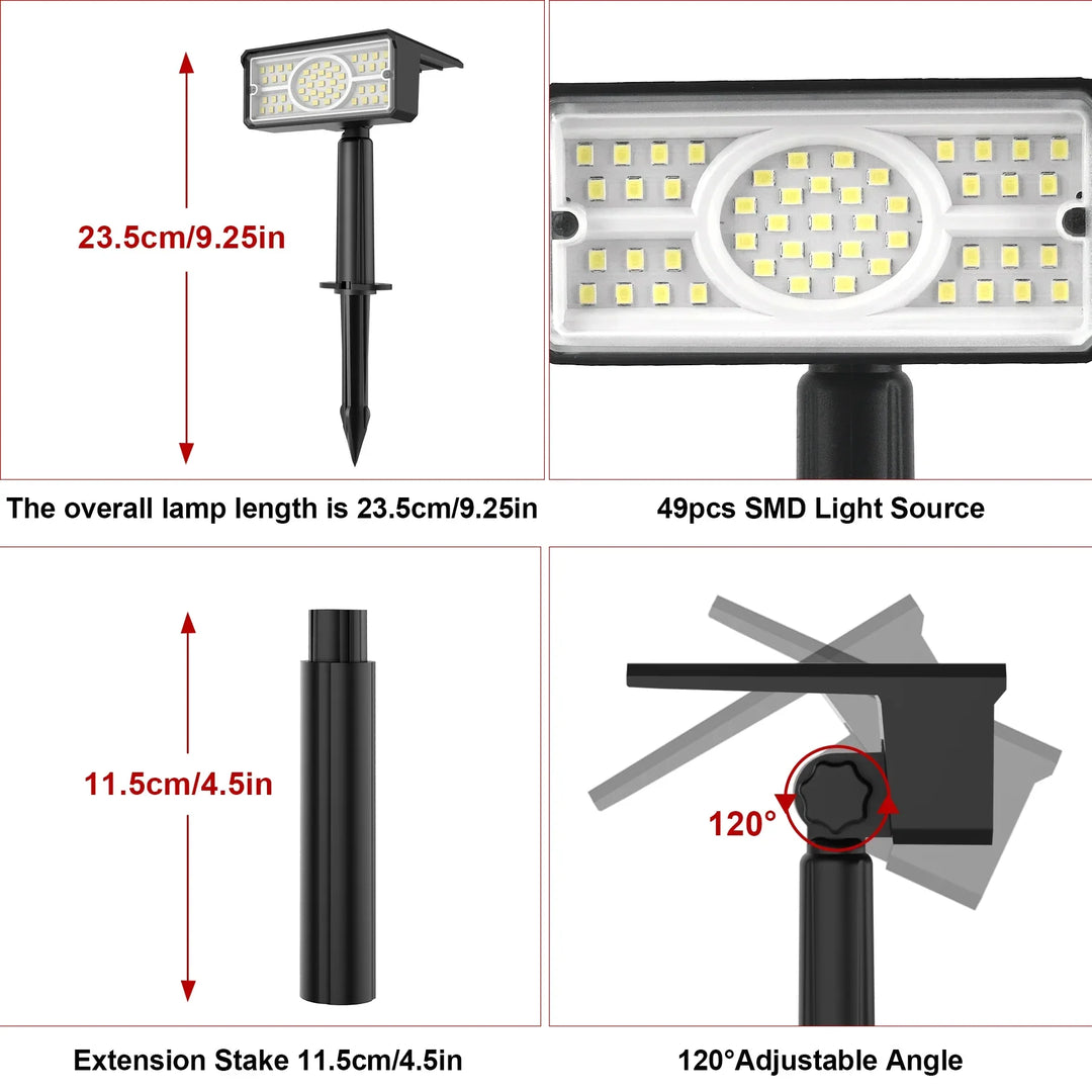 Luvikno | Solara LED Solarspotlight | 4 Lyskilder | 49 LED-er | IP65 Vanntett | Energisparende med Solcellepanel