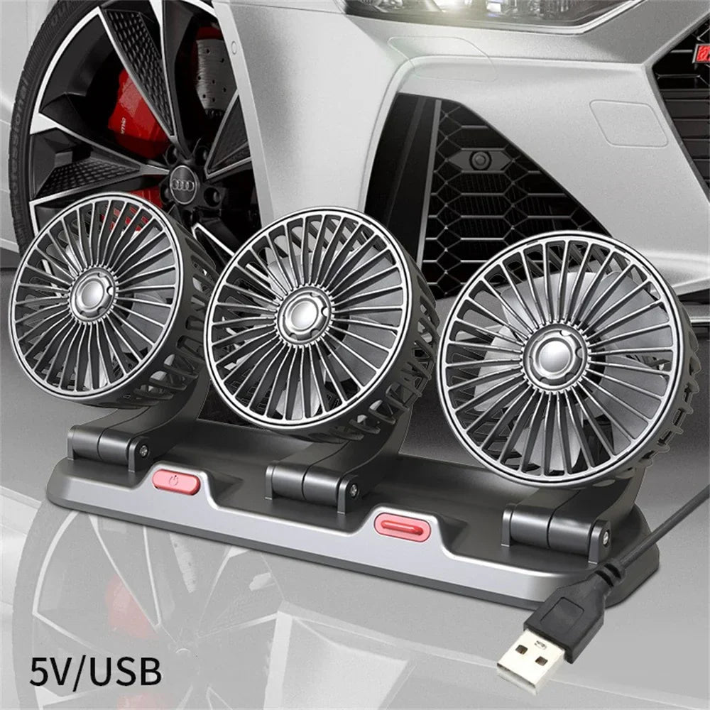 360° Justerbar Bilvifte - 3-Hodet Automotiv Elektrisk Vifte - USB/12V/24V - 2 Hastigheter - Stille Kjøling for Hjem, Skrivebord, Kontor & Bil | Luvikno