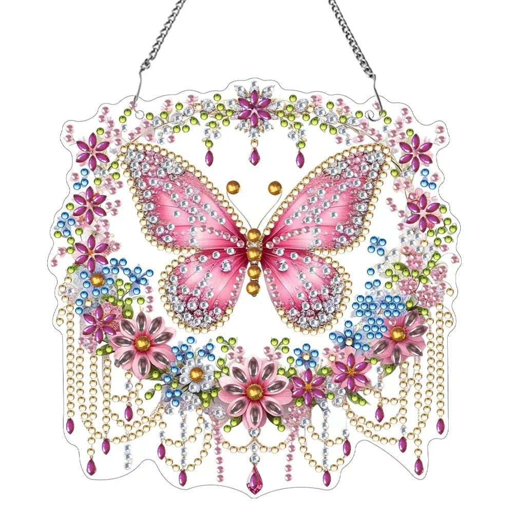 Luvikno | Sommerfuglanheng | 5D DIY Diamantmaling | Dobbelsidig akryl | Glitrende vindusdekorasjon