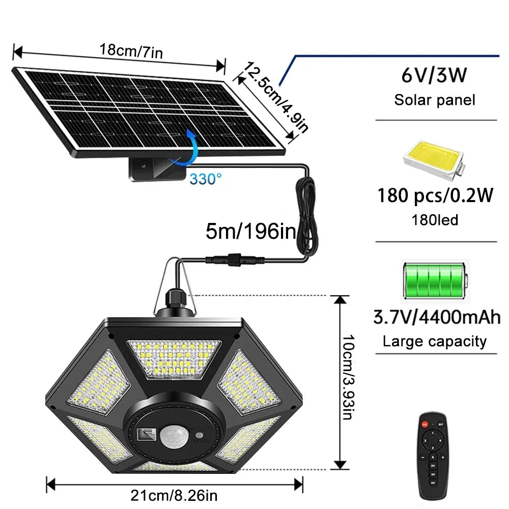 Luvikno | SolarHalo | 228 LED Soltaklampe | 360° Lysvinkel | Med Fjernkontroll & Bevegelsessensor | 4400mAh Batteri