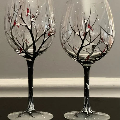 Fire årstider tre vinglass - Håndmalt kunst