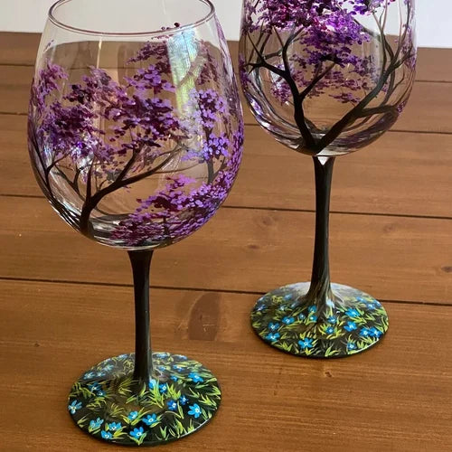 Fire årstider tre vinglass - Håndmalt kunst