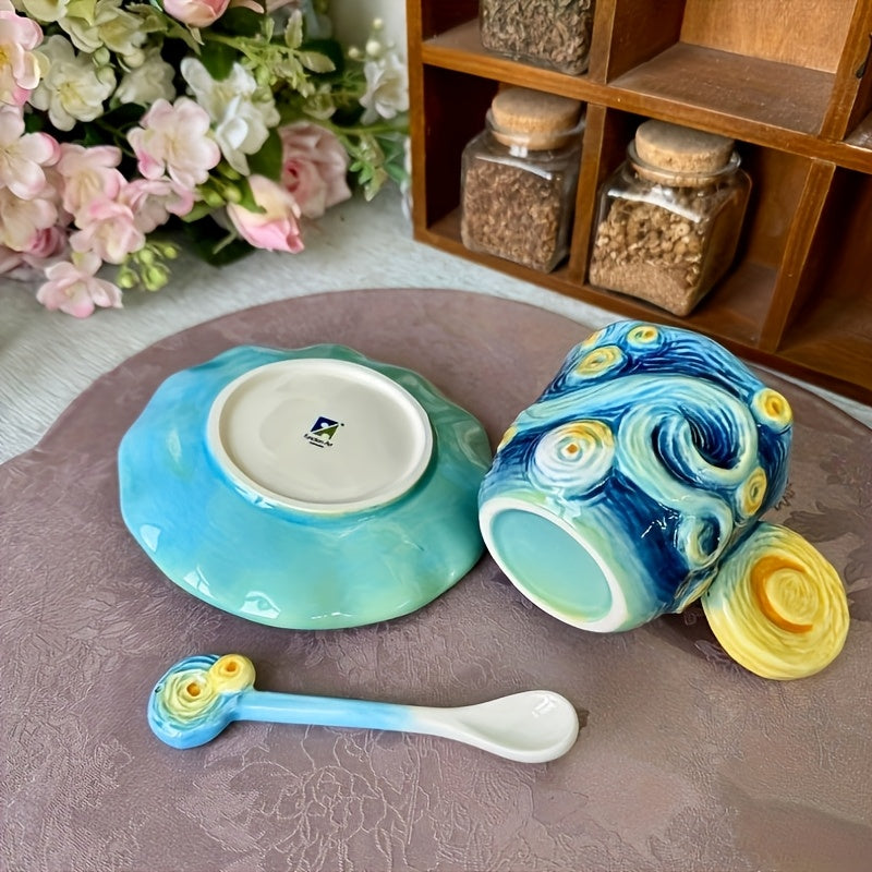 ArtSip keramikkopp og underkoppsett – Håndmalt 3D-design inspirert av Van Gogh | Luvikno