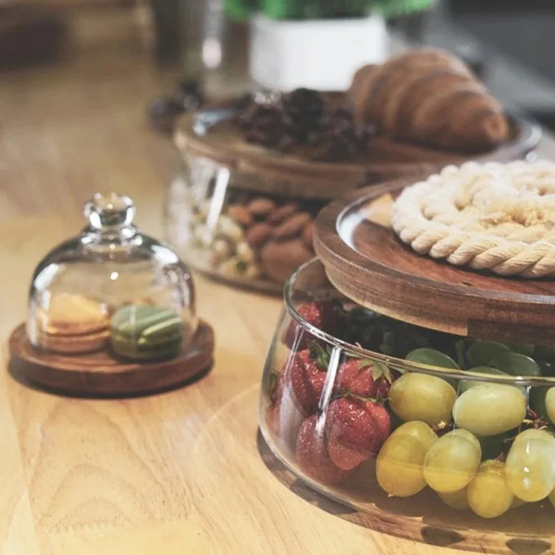 Glass Matbeholder med Tredeksel Kjøkken Snack Organizer | Luvikno