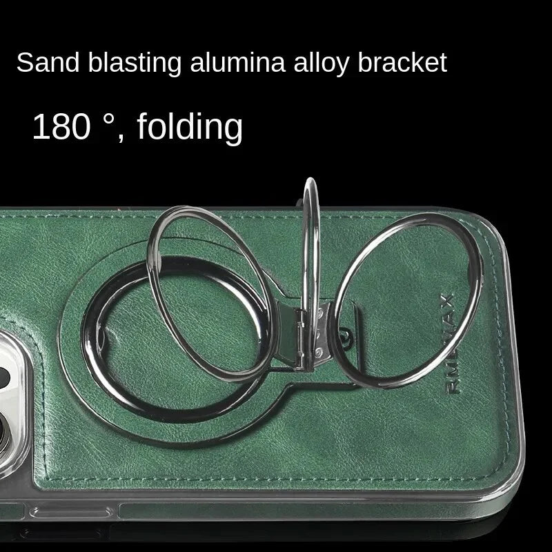 Luksuriøs lærdeksel med integrert, sammenleggbart ringstativ for iPhone