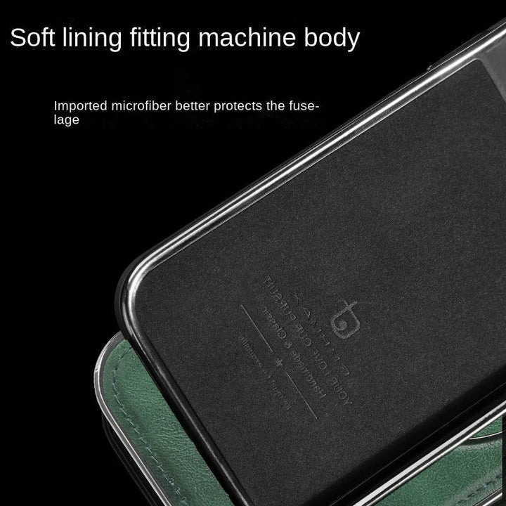 Luksuriøs lærdeksel med integrert, sammenleggbart ringstativ for iPhone