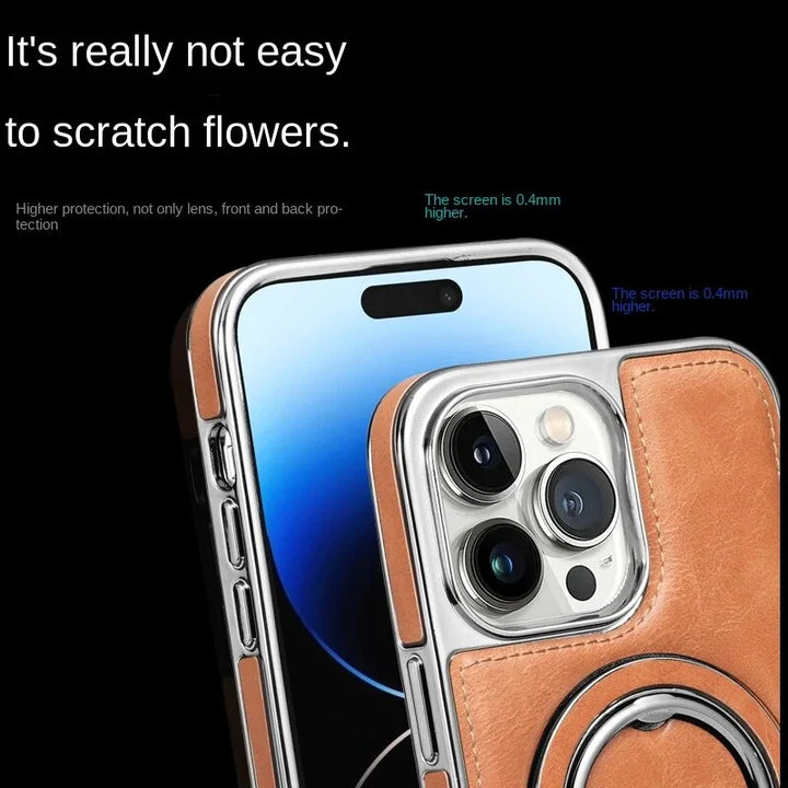 Luksuriøs lærdeksel med integrert, sammenleggbart ringstativ for iPhone