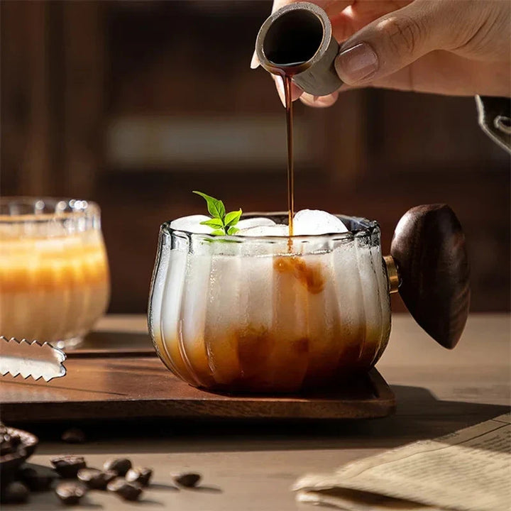 Stripete Varmeresistent Silikon Glass Kaffekopp med Trehåndtak | Luvikno
